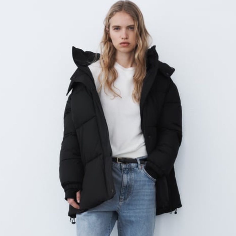 NEW ZARA HOODED QUILTED JACKET BLACK XL